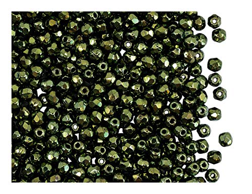 100 Stück Tschechische Facettierten Glasperlen Fire-Polished Rund 3 mm, Jet Green Lustre von Perlen Fire-Polished