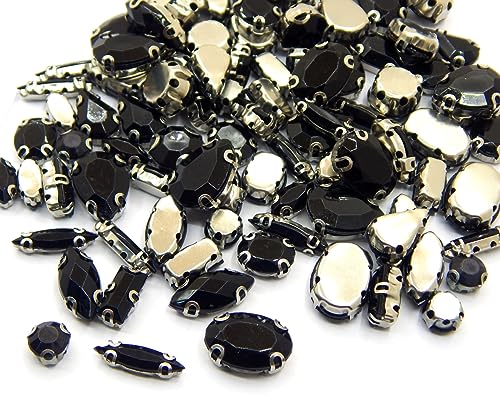 Strasssteine zum aufnähen Glitzersteine zum Annähen, 4 Löcher Nähen Knöpfe Kristall Acrylsteine Metall Krappenfassung Schwarz, Flache Rückseite facettiert Mischformen Set von Perlin