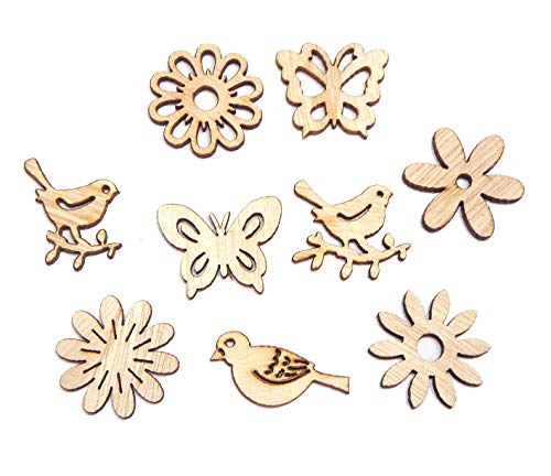 100stk Holz Wald Blumen Tiere Formen Pflanzen Scheiben Holzstücke Holzscheiben Holz Verzierung Charms Ornament Streudeko für Basteln DIY Handwerk Bemalen Färben von Perlin