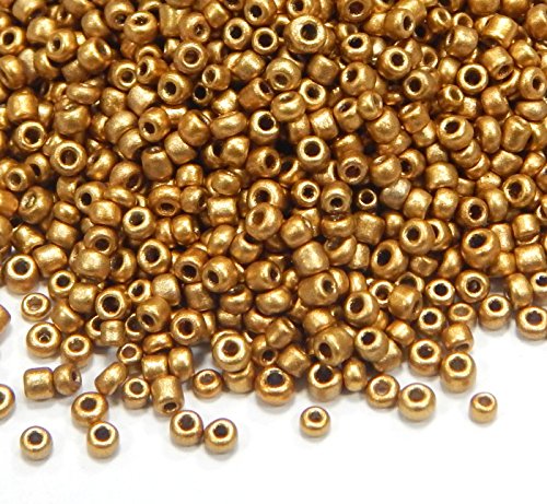 1100 Stück Glas Rocailles Perlen 4mm, 6/0, Ponyperlen Rund Mini Perle Seed Beads (Matt Gold) von Perlin
