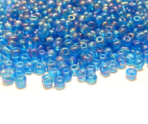 1100 Stück Glas Rocailles Perlen 4mm, 6/0, Pony Perlen, Rund, Seed Beads, (Blau AB Transparent) von Perlin