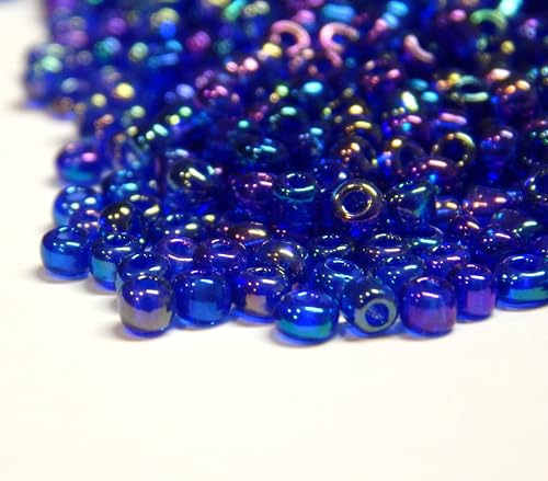 1100 Stück Glas Rocailles Perlen 4mm, 6/0, Pony Perlen, Rund, Seed Beads, (Königsblau AB Transparent) von Perlin