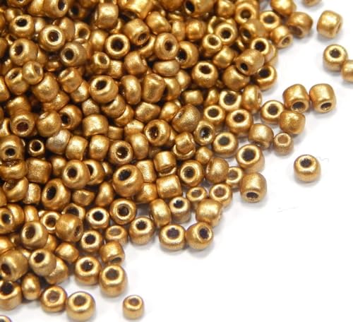 15000Stk Rocailles Perlen 3mm Metallic Farbe Set Glasperlen Rund 8/0 450g Indianerperlen Perlenhäkeln Perlentiere Seed Beads (Gold Matt) von Perlin
