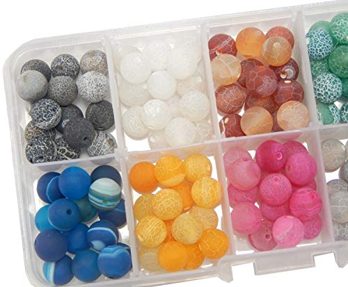 150stk Edelstein Achat Perlen set mit Sortierbox 8mm Matt Naturstein Crackle und Streifen 10 Farben Schmuck Bastel-Set von Perlin