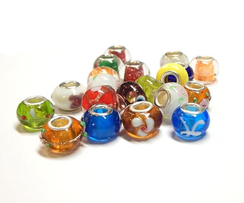 20 Motive European Perlen Glas Charms Beads Großlochperlen Schmuckarbeiten Rondell Spacer Lampwork Posten Mix für Armbänder Ketten Schmuck DIY R37 von Perlin