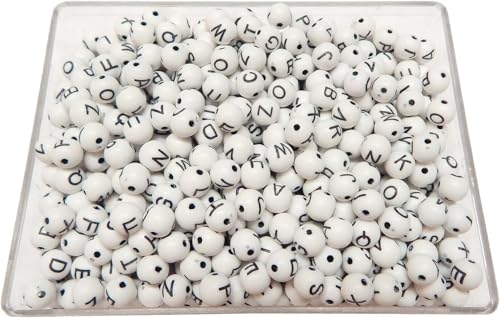200 Buchstabenperlen Acrylperlen Kunststoffbuchstabenperlen zum Auffädeln Weiß Perlen mit Schwarz Buchstaben, Alphabet 8mm Rund Fädelperlen für Armband, Choker, Schmuck oder andere Handwerk von Perlin