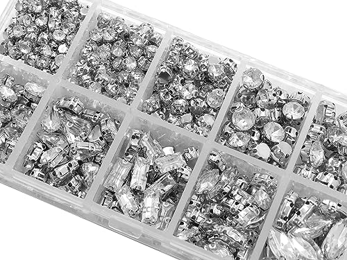 230Stk Strasssteine zum aufnähen Glitzersteine zum Annähen, 4 Löcher Nähen Knöpfe Kristall Acrylsteine Metall Krappenfassung Crystal Klar, Flache Rückseite facettiert Mischformen Set von Perlin