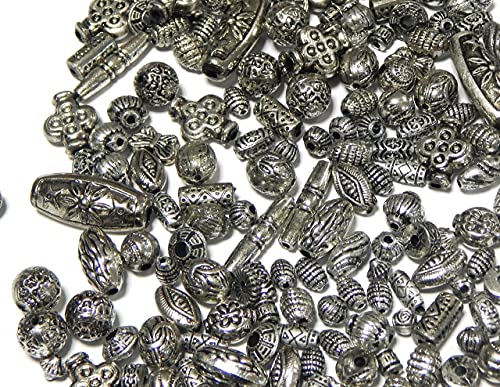 250g Perlenmischung Tibet Antik Kunststoffperlen Plastik Perlen Mix Set Silber und Altsilber Oval Würfel Rondell Rund Metall Optik Perle Zum Fädeln für Armbänder Auffädeln, Halsketten Perlenset D118 von Perlin