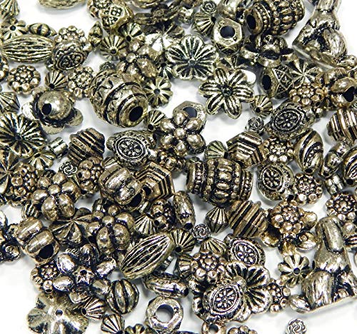 50g Tibet Antik Kunststoffperlen Acrylic Perlen Mix Set Silber und Altsilber Oval Würfel Rondell Rund Metall Optik Perle Zum Fädeln für Armbänder Auffädeln, Halsketten, und Dekoperlen D118 von Perlin
