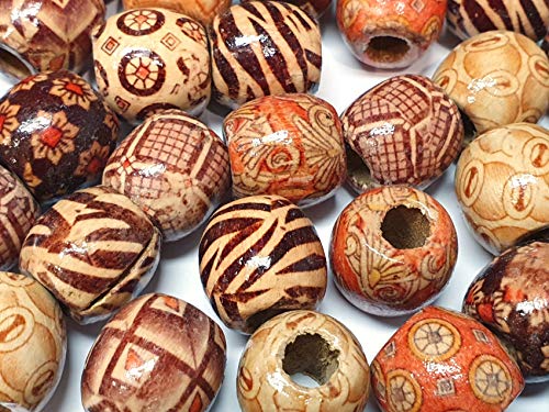 50stk Natur Holzperlen, 16mm Holz Perlen, zum auffädeln Holzkugeln Runde Mix Ethnisches Motiv zum Basteln 5mm großes loch Spacer Zwischenperlen von Perlin