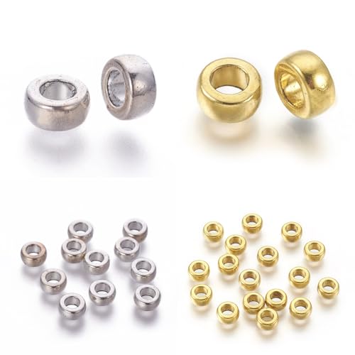80x Metallperlen Set Zwischenperlen Spacer Rondelle Ring Perlen mit Loch Silber Gold Schmuckzubehör Bead Charms für Armbänder Anhänger Bastelperlen zum Auffädeln von Perlin