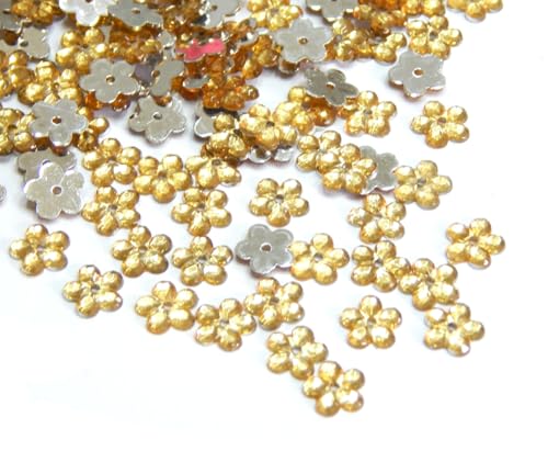 Acryl-Kristalle Nähe Schmucksteine 250Stk 8mm Blume Schmuck-Edelsteine mit Loch flacher Rückseite Kunstharz-Strasssteine für Textilien Kleidung Kostüme Verzierungen (Gold Gelb) von Perlin