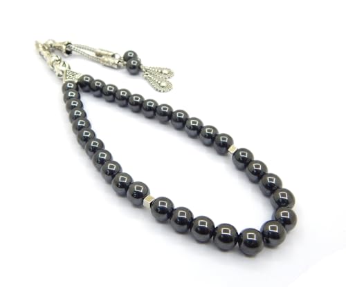 Gebetskette Gebetsperlen Schwarz Tesbih Tasbih Tespih Misbaha Subha 33, Muslimisches Islamic Rosenkranz Armbänder Anbetungszubehör Hämatitperlen Edelstein Perlen Kugel 8mm von Perlin