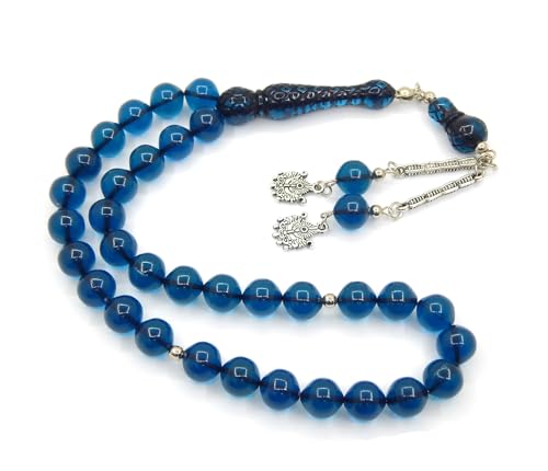 Gebetskette Gebetsperlen Tesbih Tasbih Tespih Misbaha Subha 33, 10mm Rund Form Muslimisches Islamic Rosenkranz mit Ethnic Gebet Perlen Schmuck Armbänder (Blau) von Perlin