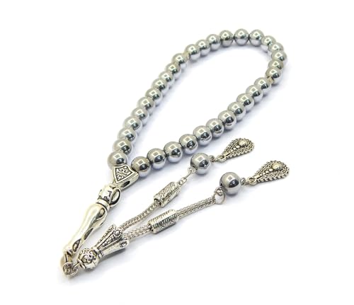 Perlin Gebetskette Gebetsperlen Tesbih Tasbih Tespih Misbaha Subha 33, Muslimisches Islamic Rosenkranz Armbänder Anbetungszubehör Hämatitperlen Edelstein Perlen Kugel 8mm (Silber) von Perlin