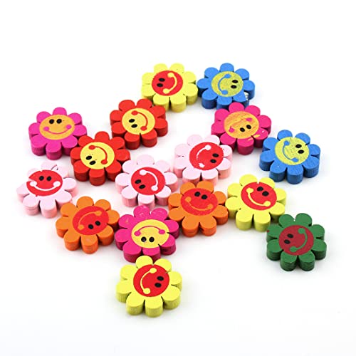 Holzperlen zum Auffädeln 20 Stück Motiv Bunte Perlen Set für DIY Armbänder Schmuck Halsketten Gemischte Farbe (Blume mit Smiley-Gesicht 22mm) von Perlin