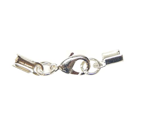 Karabiner mit Endkappen Verschluss, 5 Set, Messing Ende Verschlüsse Endstück für ca. 1,5/2/2,5 mm Ketten-Verschluß mit Öse für Bänder Leder Gummiband Draht (Silber) von Perlin