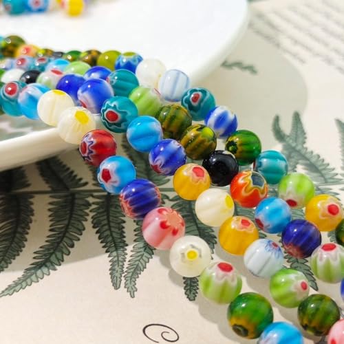 Millefiori Perlen 6mm Rund 1 Strang Handgearbeitete Glasperlen Blume Motiv 65stk für perlenkette bunt gemischt von Perlin