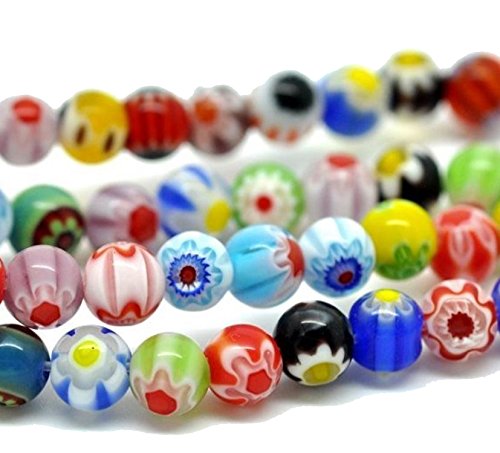 MILLEFIORI PERLE GLASPERLEN 8mm RUND Handgearbeitete KUGEL 48stk BUNT 1 STRANG MIX FARBEN D7 von Perlin