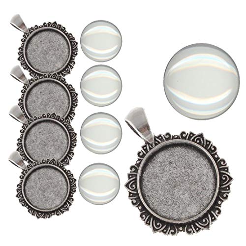 Perlin - 4 Set Medaillons Metall Anhänger Fassungen und 20mm Rund Klar Glas Cabochon, Fassung Rahmen Super Optik Bastelset von Perlin