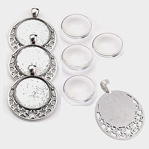Perlin - 4 Set Stern Motive Medaillons Silber Metall Anhänger Fassungen und 25mm Rund Klar Glas Cabochon, Fassung Rahmen Super Optik Bastelset Perlin - 4 Set Stern Motive Medaillons Silber Metall Anhänger Fassungen und 25mm Rund Klar Glas Cabochon, Fassung Rahmen Super Optik Bastelset von Perlin