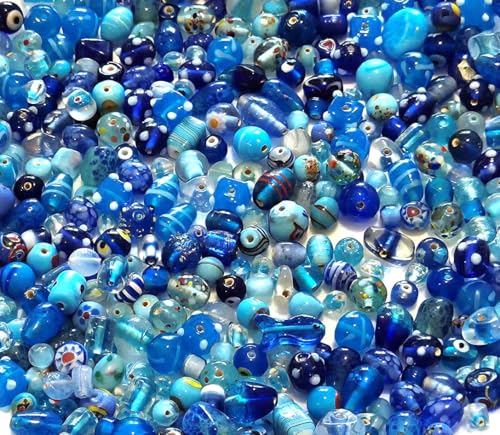Perlin Glasperlen Lampwork Perlen zum auffädeln 500g Perlenset für Schmuckherstellung Glasperlen mit Loch für Basteln (Blau) von Perlin