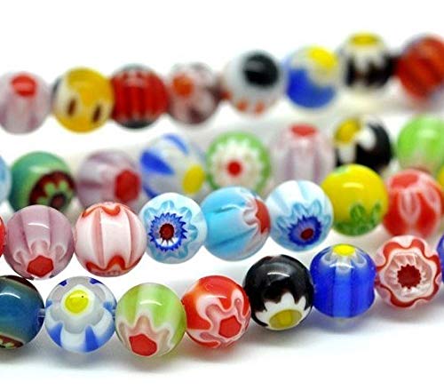 Perlin - Millefiori Perlen Glas Rund 6mm Glasperlen 2 Stränge 130Stk Bunte Mix Handgearbeitete Perle Lampwork Beads D7A x2 von Perlin