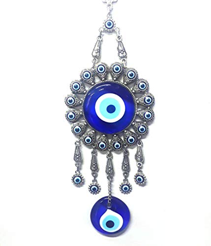 Perlin Nazar Boncuk Boncugu Türkisch Blau Evil Eye Wandbehang 30cm Ornament Amulett Dekoration Home Decor Schutz Segen Geschenk Glasperlen Metall Anhänger für Haus und Büro von Perlin