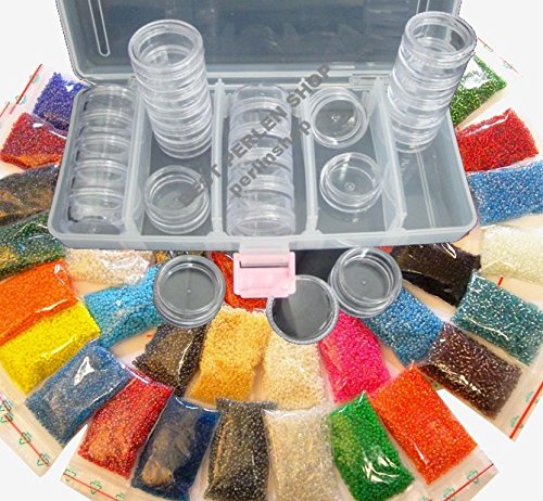 Rocailles 2mm Perlen 25 Farben (25x10g) + BOX 25 DOSEN Basteln set DIY B18AM50 von Perlin