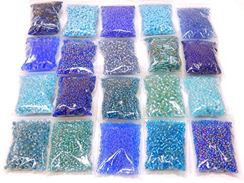 Rocailles Set Perlen 2mm 3mm 4mm 6mm Blau Farbtöniges Stiftperlen Glasperlen 400g 20 pack Tube und Rund form Perlenset Bastelset (Blau) von Perlin