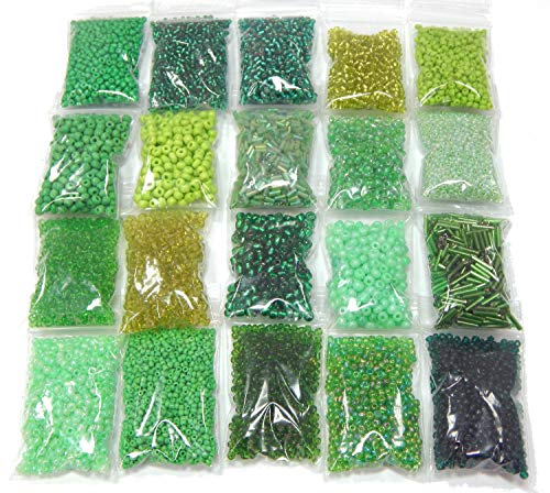 Rocailles Set Perlen 2mm 3mm 4mm 6mm Grün Farbtöniges Stiftperlen Glasperlen 400g 20 pack Tube und Rund form Perlenset Bastelset (Grün) von Perlin