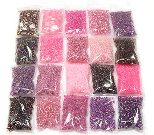 Rocailles Set Perlen 2mm 3mm 4mm 6mm Rosa Violett Lila Farbtöniges Stiftperlen Glasperlen 400g 20 pack Tube und Rund form Perlenset Bastelset (Rosa Violett Lila) von Perlin