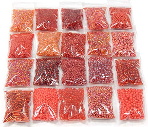 Rocailles Set Perlen 2mm 3mm 4mm 6mm Rot Farbtöniges Stiftperlen Glasperlen 400g 20 pack Tube und Rund form Perlenset zum auffädeln Miniperlen (Rot) von Perlin