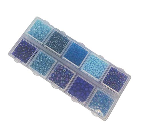 Rocailles Set Perlen 2mm 3mm 4mm mit Sortierbox 120g Farbtöniges Glasperlen in Box Rundform Perlenset Bastelset Perle zum auffädeln Miniperlen (Blau) von Perlin