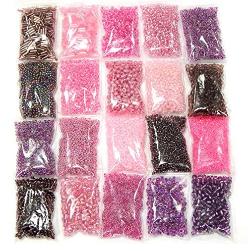 Roccailles Rocailles Perlen Violett Rosa Lila Pink Set 2mm 3mm 4mm 6mm Glasperlen 20 Pack 400g Seed Beads Schmuckperlen Perlenset AM23 von Perlin