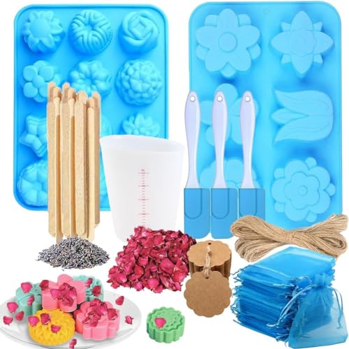 Pesderty Set Von Seifenherstellungs-Werkzeug: Seifenform, Messbecher, Organzabeutel, Holzrührstab, Getrocknete Blumen für Bastelarbeiten (Blau) von Pesderty