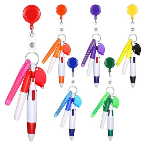 Pesfehhy 6er-Pack Ausweishalter, Druckkugelschreiber, Clip mit Mini-Textmarker, Krankenschwester-Stifte, Neon-Marker, LED-Schlüsselanhänger von Pesfehhy