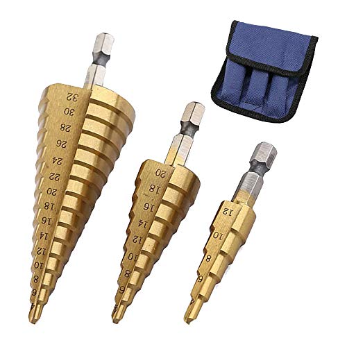 Pesfehhy HSS-Stufenbohrer, 3, 4 – 12 mm, 4 – 20 mm, 4 – 32 mm, Kegel, Titan, Holz, Metall, Loch, Sechskant, Wechselwerkzeug von Pesfehhy