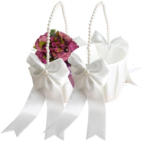 Blumenmädchen-Korb, 2 Stück, weiße Blumenmädchen-Körbe für Hochzeiten, Hochzeitskorb mit Perlengriff, Flecken, Blumenmädchen-Korb, Hochzeitsdekorationen, Blumenmädchen-Körbe von Pesoncarl