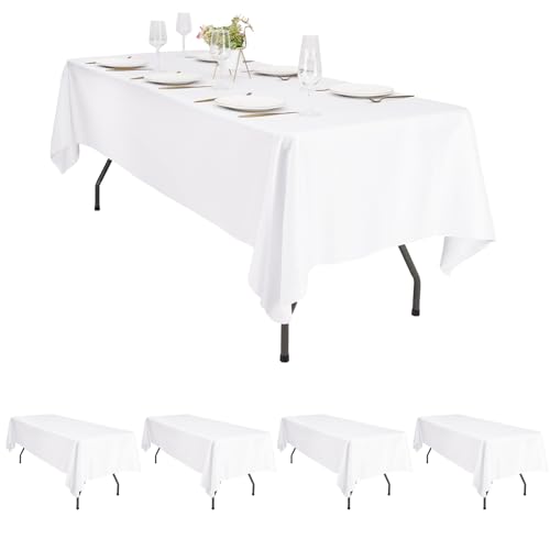 Pesonlook 4 Stück Weiße Rechteck Tischdecke 153×260cm Tischtuchpolyester, weiße Tischdecken für wasserdichtes fleckbeständiges waschbarer Rechtecktischabdeckung in Volumen für Hochzeitsfeierbuffet von Pesonlook
