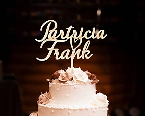 Pet-Jos Cake Topper Personalisiert mit Namen Hochzeit aus Holz, 1 Stück, 140 mm breit x 120 mm hoch, Holzfarbe, Hochzeitstorte, Tortenfigur, Jubiläum von Pet-Jos