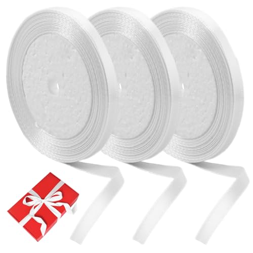 3 Stück Geschenkband Weiss Weiß 6 mm X 22 m, Gurtband Satinband Weiss, Schleifenband für Hochzeit, Deko Satinband, Bänder zum Basteln, Stoffbänder für Hochzeit, Taufe und Geburtstagsgeschenke von PetGlimmer