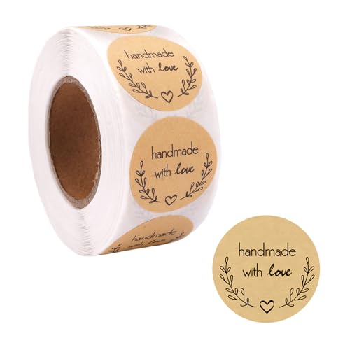 500 Stück Handmade with Love Aufkleber, 2.5 cm Kraft Selbstgemacht mit Liebe Aufkleber Etiketten, Runder Selbstklebend Geschenkaufkleber für Backen Geschenktüten Karte Briefumschlag Hochzeit von PetGlimmer