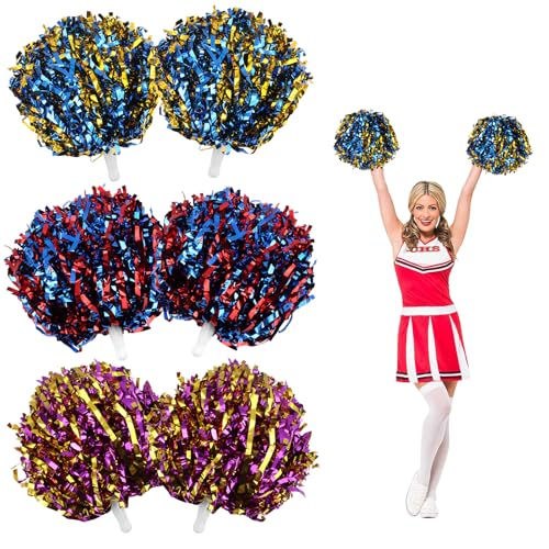 6 Stück Pompons Cheerleader, Pompoms Cheerleading mit Handgriffen, Bunten Cheerleader Jubeln Pom Poms, Metallfolie Pompom Cheerleader Puschel für Sport Wettbewerb, Schule Spiele, Karnevalspartys von PetGlimmer