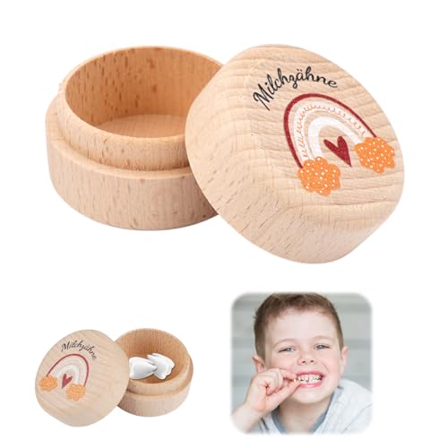 PetGlimmer Milchzahndose Holzschale aus Holz, Zahndose Milchzähne, Zahnbox für Milchzähne Junge Mädchen mit Kindgerechtem Regenbogenherzdruck, Baby Holz Milchzahndose Als Erinnerung an den Ersten Zahn von PetGlimmer
