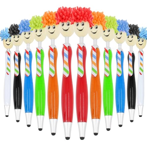 PetierWeit 12 stück Lustige kugelschreiber, 6-Farben Kugelschreiber mit Mop Topper, Weihnachtsgeschenke für Mitarbeiter, Microfaser Bildschirmreiniger Stifte, 3-in-1 Stylus für Kinder, Erwachsene von PetierWeit