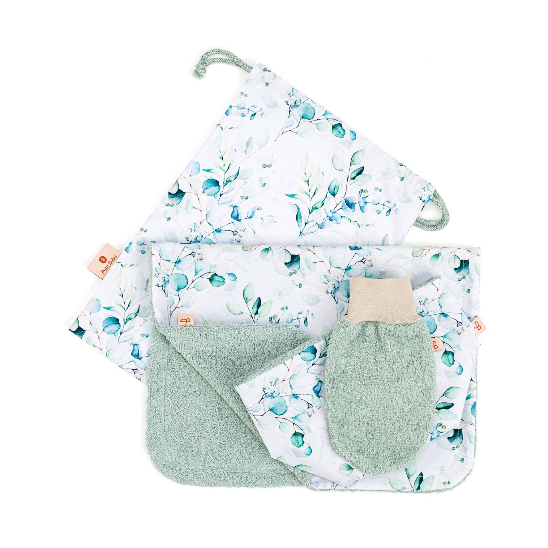 Baby Pflegeset Eucalyptus - Wasserabweisende Wickelunterlage, Utensilienkorb Und Waschlappen, Neues Geschenkset, Geschenk Für Frischgebackene Eltern von PetitBabu