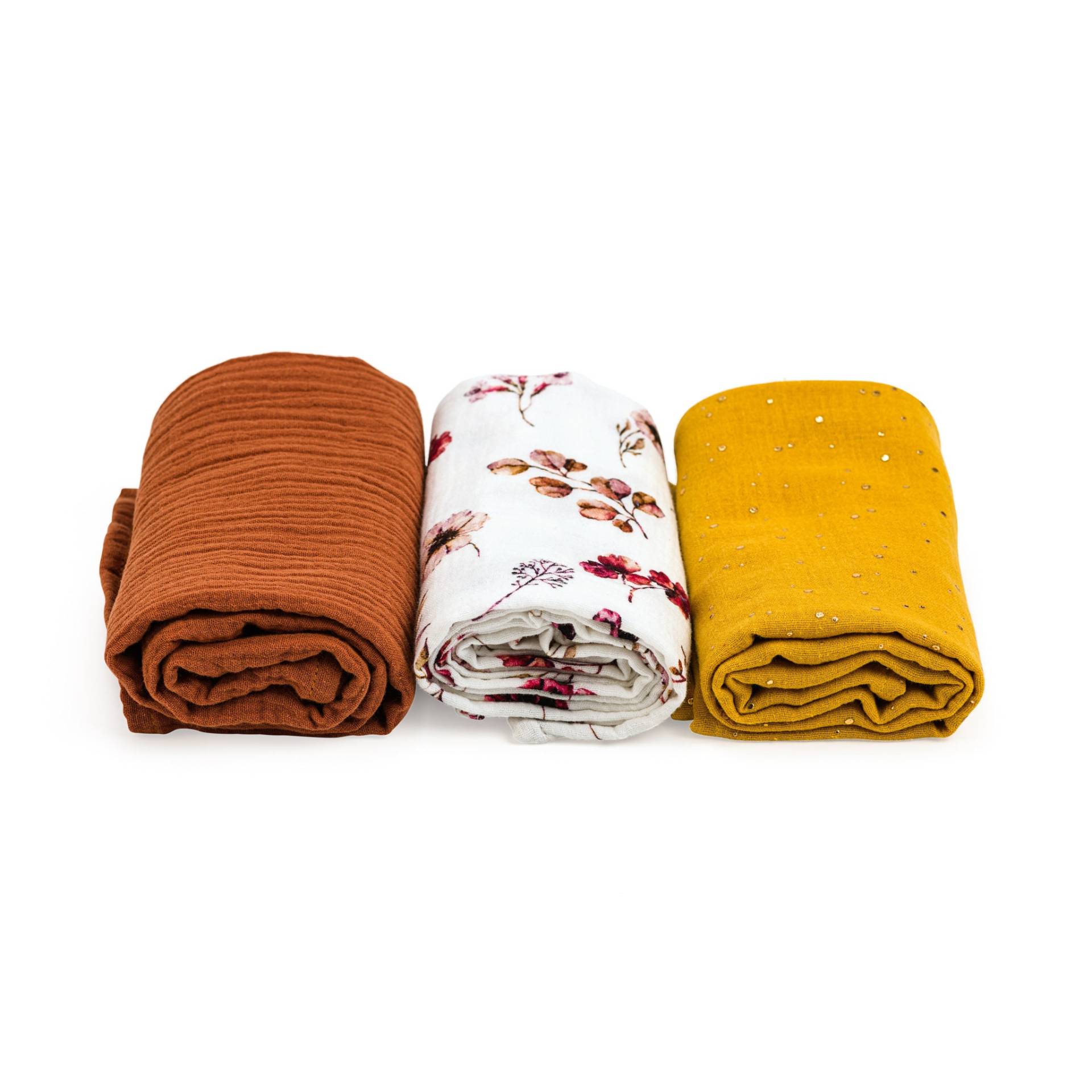 Braun Und Geblümtes Musselintuch 3Er Set, Spucktuch-Set, 60x60cm, Mulltücher Set Braun Und Geblümtes Musselintuch 3Er Set, Spucktuch-Set, 60x60cm, Mulltücher Set von PetitBabu