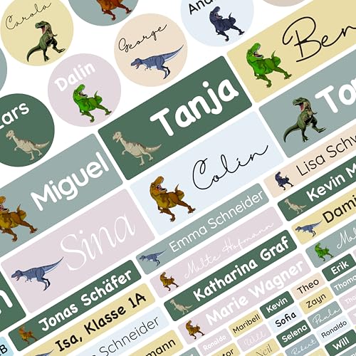 Namensaufkleber Set für Kinder in der Schule (150 Stück), Personalisierte Namensetiketten für Schulsachen, waschmaschinenfest (Dino TRex) von Petite Print