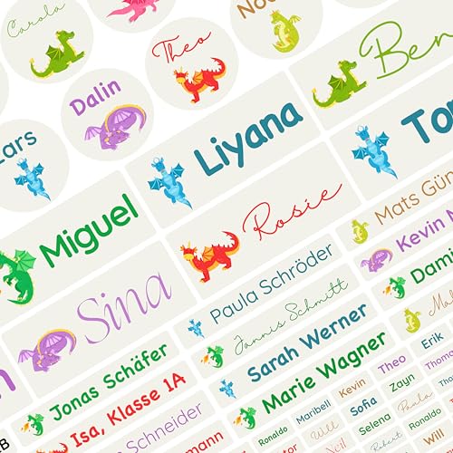 Namensaufkleber Set für Kinder in der Schule (150 Stück), Personalisierte Namensetiketten für Schulsachen, waschmaschinenfest (Dragon) von Petite Print